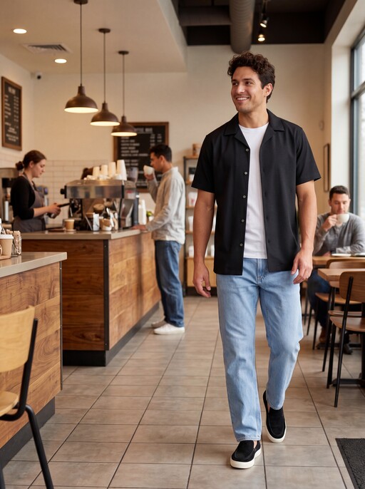Heren resort shirt overhemd korte mouw zwart